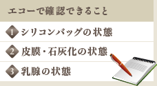 エコーで確認できること：1.シリコンバッグの状態・2.皮膜・石灰化の状態・3.乳腺の状態